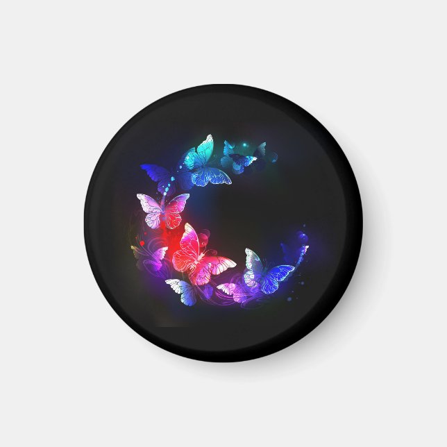 Glowing Neon Night Butterflies on Black background Magnet (Front)