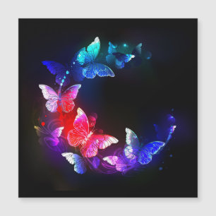 Glowing Neon Night Butterflies on Black background Magnetic Invitation