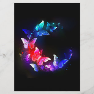 Glowing Neon Night Butterflies on Black background Menu