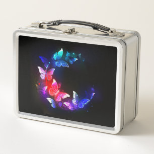 Glowing Neon Night Butterflies on Black background Metal Lunch Box