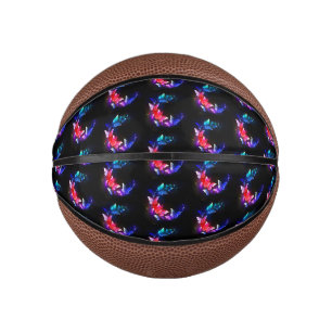 Glowing Neon Night Butterflies on Black background Mini Basketball