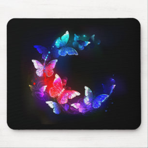 Glowing Neon Night Butterflies on Black background Mouse Pad