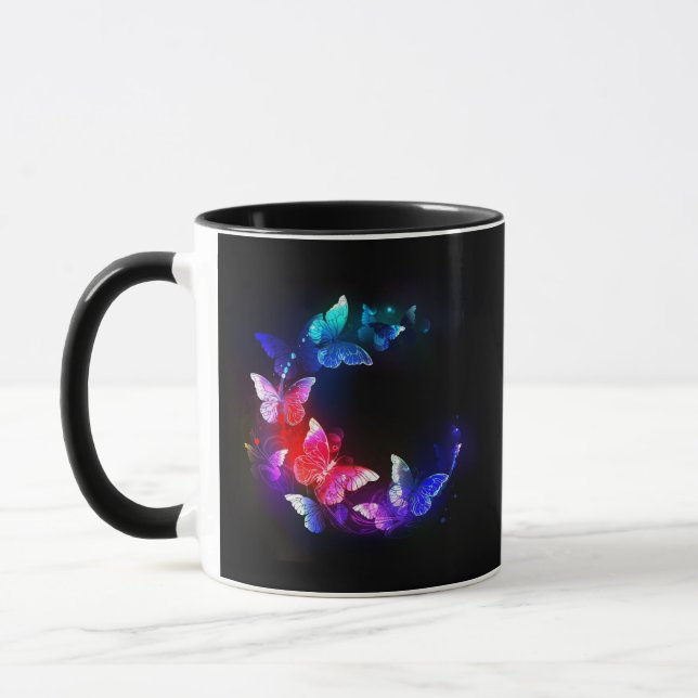 Glowing Neon Night Butterflies on Black background Mug (Left)
