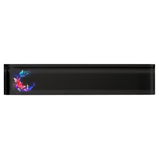 Glowing Neon Night Butterflies on Black background Nameplate (Front)