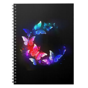 Glowing Neon Night Butterflies on Black background Notebook