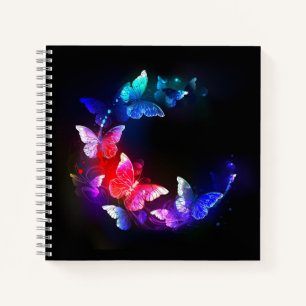 Glowing Neon Night Butterflies on Black background Notebook