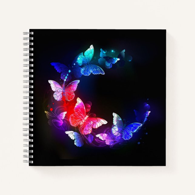 Glowing Neon Night Butterflies on Black background Notebook (Front)