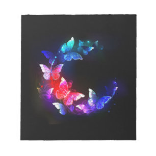 Glowing Neon Night Butterflies on Black background Notepad