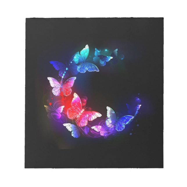 Glowing Neon Night Butterflies on Black background Notepad (Front)