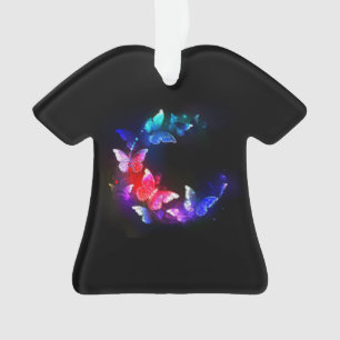 Glowing Neon Night Butterflies on Black background Ornament