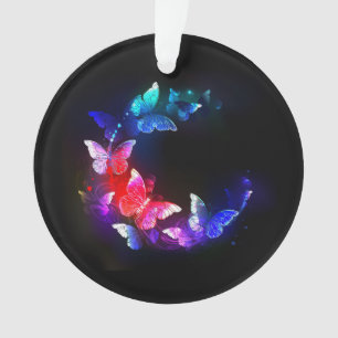 Glowing Neon Night Butterflies on Black background Ornament