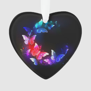 Glowing Neon Night Butterflies on Black background Ornament