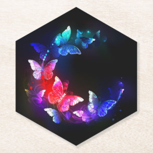 Glowing Neon Night Butterflies on Black background Paper Coaster