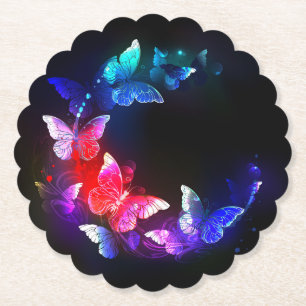 Glowing Neon Night Butterflies on Black background Paper Coaster