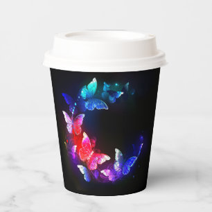 Glowing Neon Night Butterflies on Black background Paper Cups