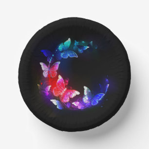 Glowing Neon Night Butterflies on Black background Paper Plate