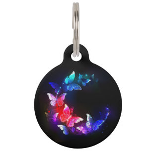 Glowing Neon Night Butterflies on Black background Pet Tag