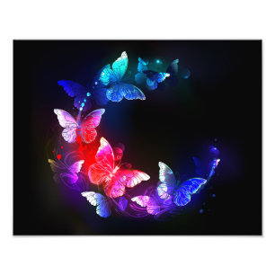 Glowing Neon Night Butterflies on Black background Photo Print