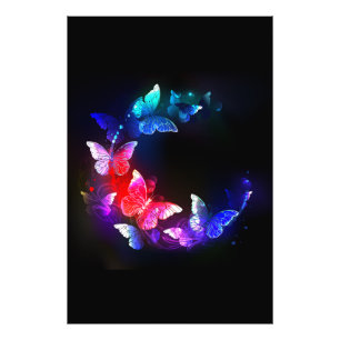 Glowing Neon Night Butterflies on Black background Photo Print