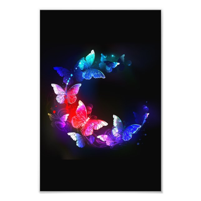 Glowing Neon Night Butterflies on Black background Photo Print (Front)