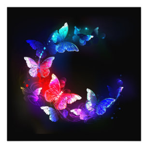 Glowing Neon Night Butterflies on Black background Photo Print