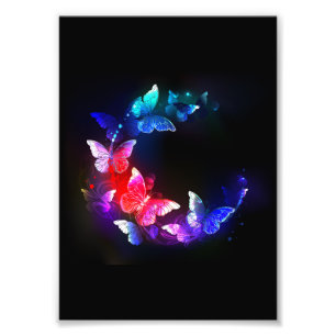Glowing Neon Night Butterflies on Black background Photo Print