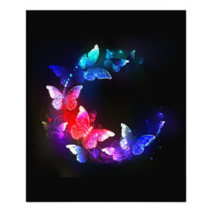 Glowing Neon Night Butterflies on Black background Photo Print