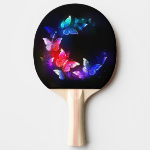 Glowing Neon Night Butterflies on Black background Ping Pong Paddle