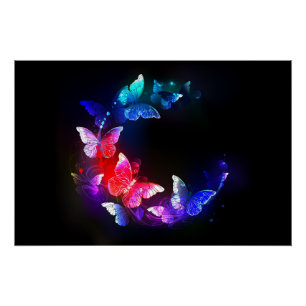 Glowing Neon Night Butterflies on Black background Poster