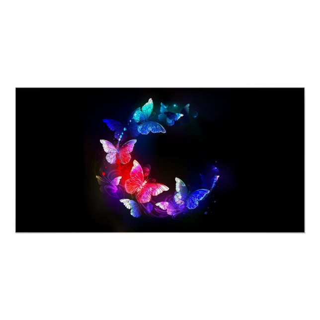 Glowing Neon Night Butterflies on Black background Poster (Front)