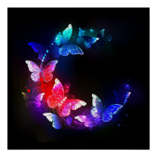 Glowing Neon Night Butterflies on Black background Poster