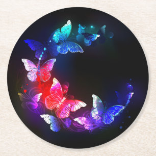 Glowing Neon Night Butterflies on Black background Round Paper Coaster
