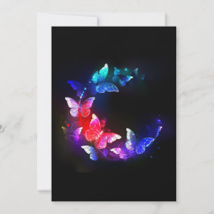 Glowing Neon Night Butterflies on Black background Save The Date