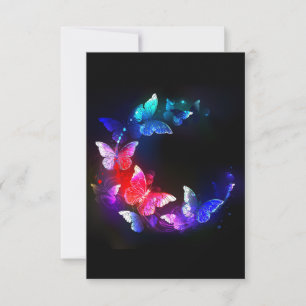 Glowing Neon Night Butterflies on Black background Save The Date
