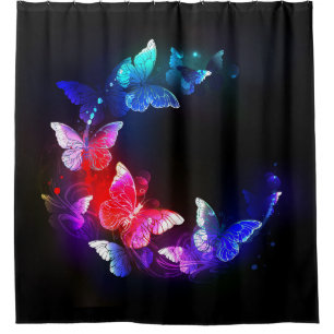 Glowing Neon Night Butterflies on Black background Shower Curtain