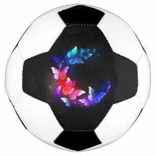 Glowing Neon Night Butterflies on Black background Soccer Ball