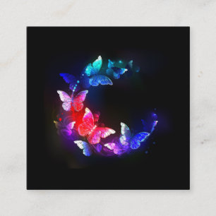 Glowing Neon Night Butterflies on Black background Square Business Card