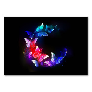 Glowing Neon Night Butterflies on Black background Table Number
