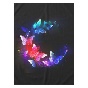 Glowing Neon Night Butterflies on Black background Tablecloth