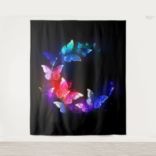 Glowing Neon Night Butterflies on Black background Tapestry