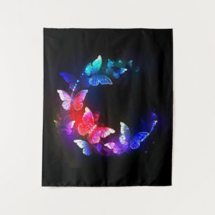 Glowing Neon Night Butterflies on Black background Tapestry