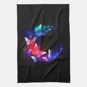 Glowing Neon Night Butterflies on Black background Tea Towel