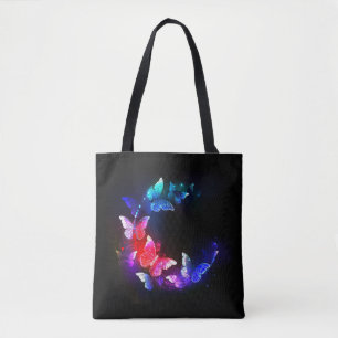 Glowing Neon Night Butterflies on Black background Tote Bag