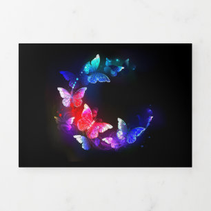 Glowing Neon Night Butterflies on Black background Tri-Fold Programme