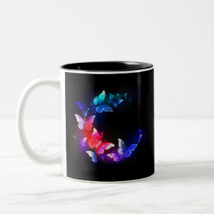 Glowing Neon Night Butterflies on Black background Two-Tone Coffee Mug