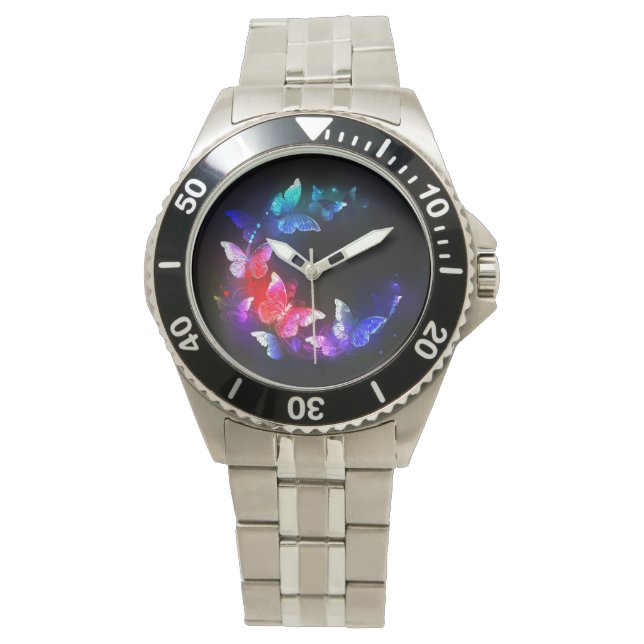 Glowing Neon Night Butterflies on Black background Watch (Front)