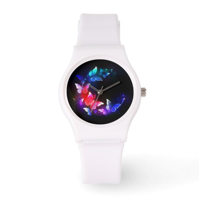 Glowing Neon Night Butterflies on Black background Watch (Front)