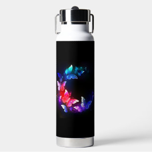 Glowing Neon Night Butterflies on Black background Water Bottle
