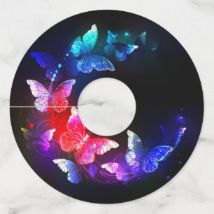 Glowing Neon Night Butterflies on Black background Wine Glass Tag