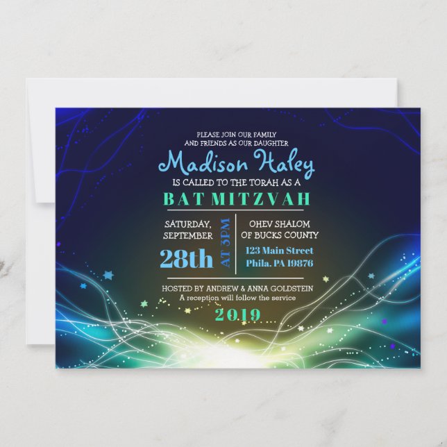 GLOWING NEON Stars Bar Mitzvah Invitation blue (Front)